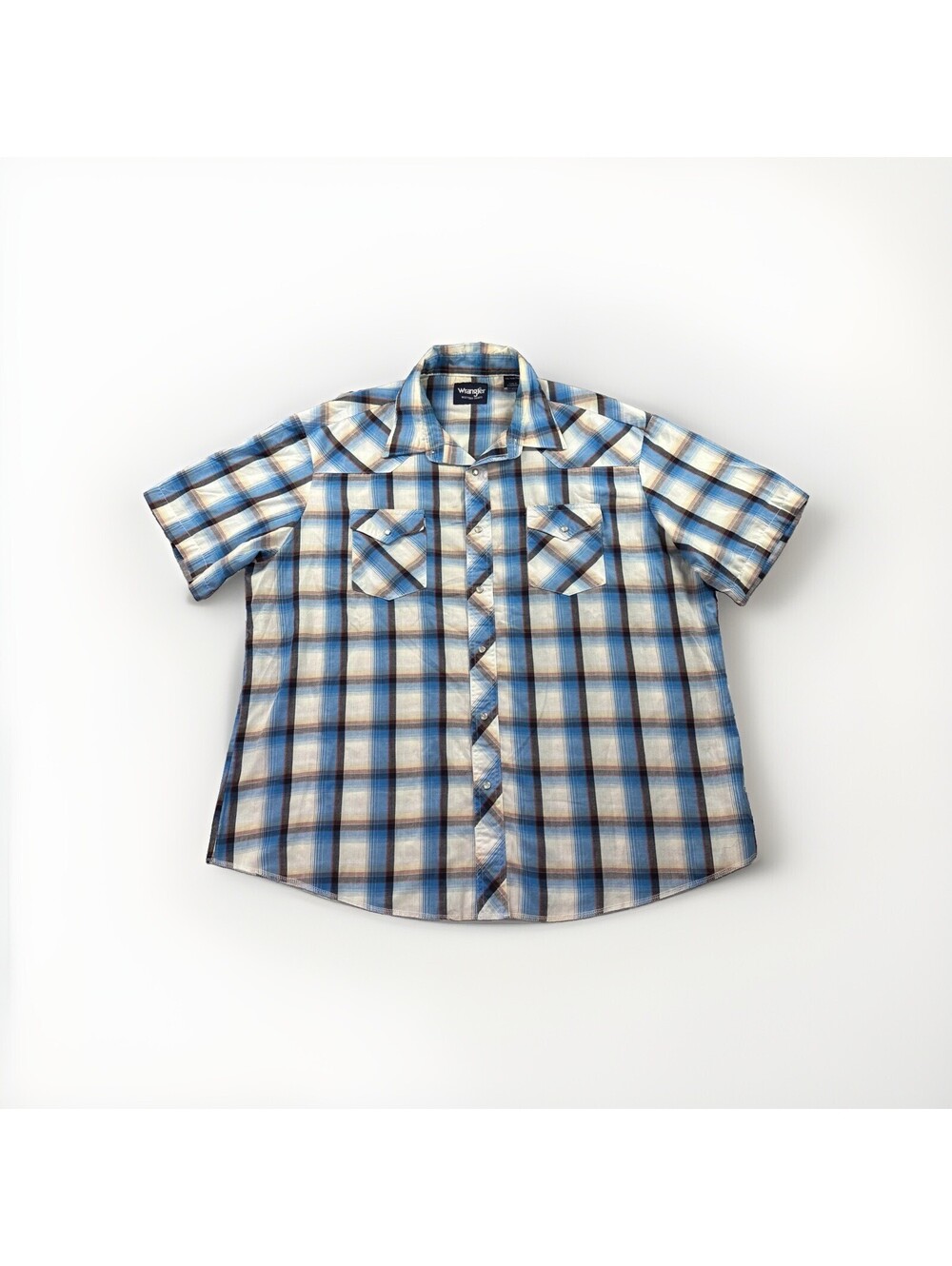 Wrangler Mens Size 2XL Pearl Snap Short Sleeve Western Rodeo Shirt Blue Plaid